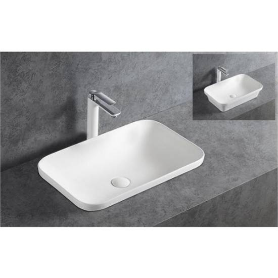 Umywalka nablatowa – 50cm  prostokątna, biała, bez otworu na baterię i bez przelewu. Nowoczesny design do każdej łazienki.